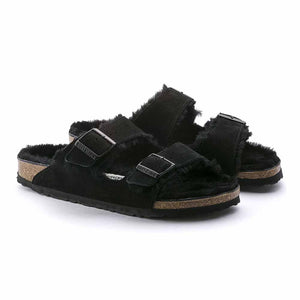 Birkenstock Arizona Shearling Suede Sandals - Narrow - Black