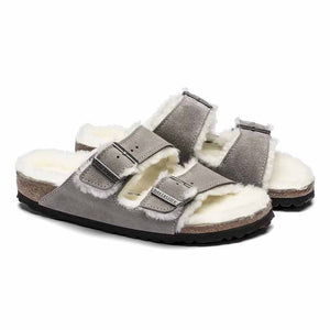 Birkenstock Arizona Shearling Suede Sandals - Regular - Stone Coin