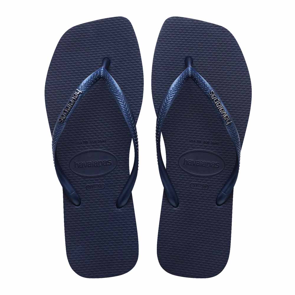 Havaianas Slim Square Logo Metallic Thongs - Navy Blue