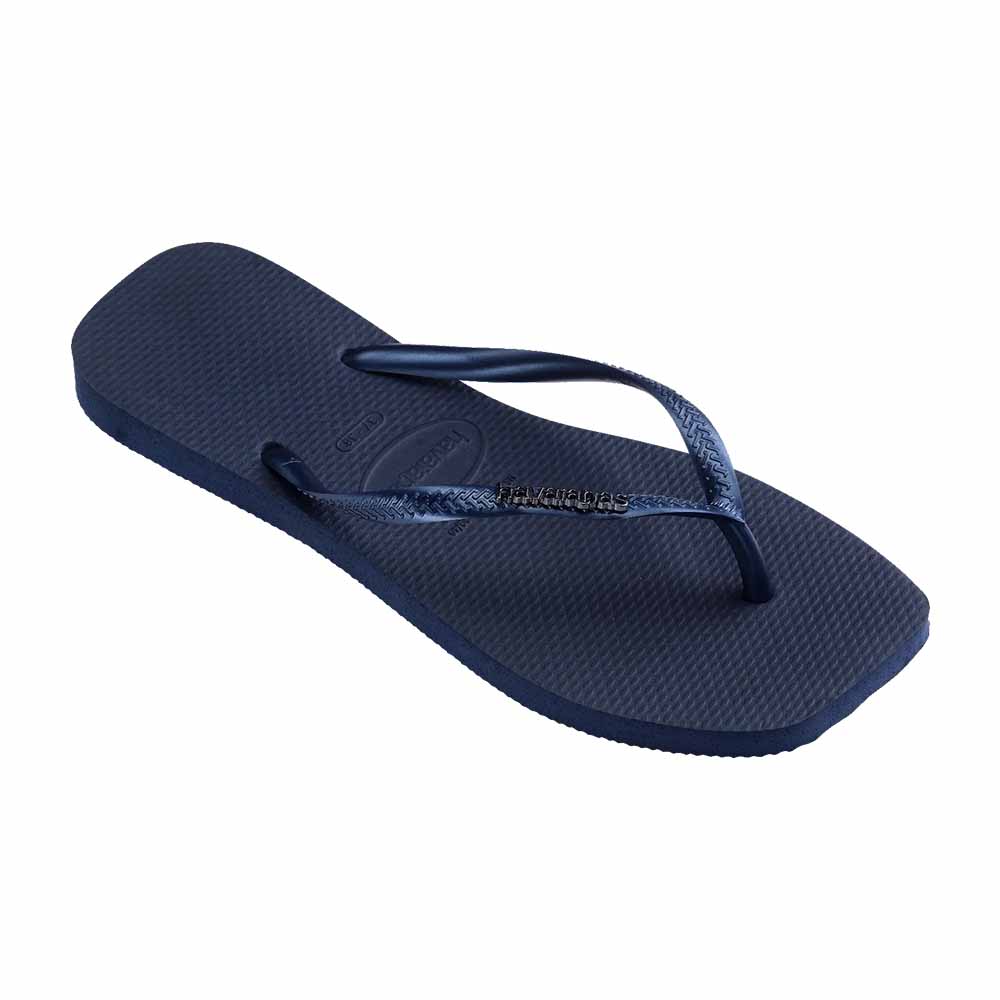 Havaianas Slim Square Logo Metallic Thongs - Navy Blue