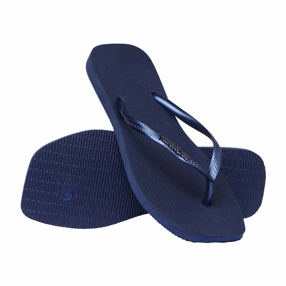 Havaianas Slim Square Logo Metallic Thongs - Navy Blue